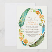 Boho Floral Feathers Vintages Brautparty Einladung (Vorne/Hinten)