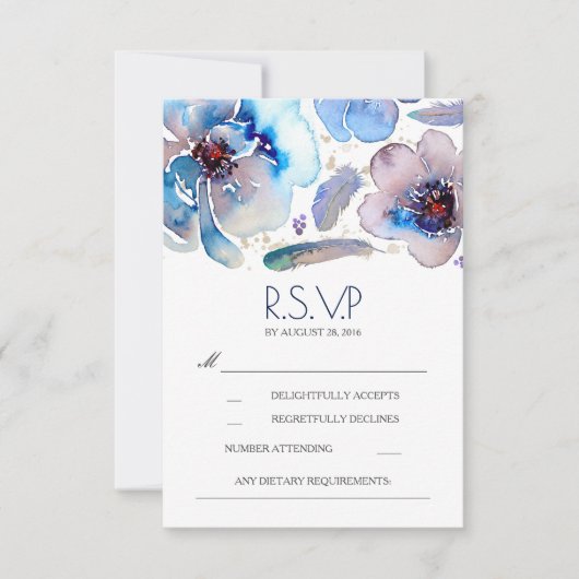 Boho Floral Feathers Watercolor Blue RSVP Card Karte (Vorderseite)