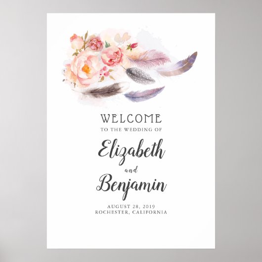 Boho Floral Feathers Wedding Welcome Sign Poster (Vorne)