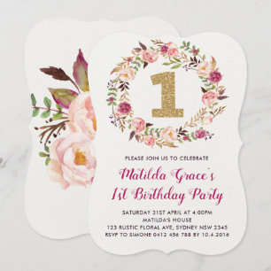 Boho Floral First Birthday Girl Party Einladung