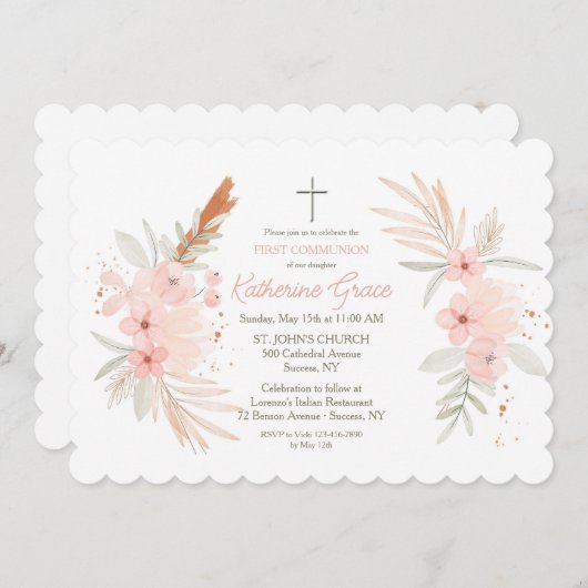 Boho Floral First Holy Communion Einladung (Vorne/Hinten)