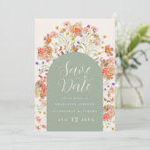 Boho Floral Foto Arch Wedding Save The Date (Stehend Vorderseite)