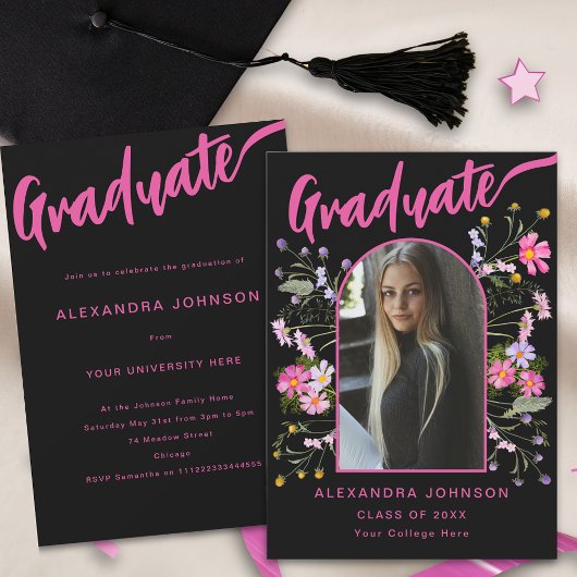 Boho Floral Foto Black and Pink Script Grad Party Einladung
