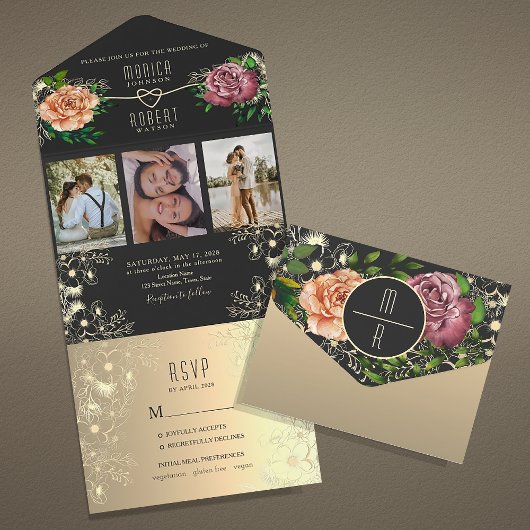 Boho Floral Foto Black Wedding All In One Einladung