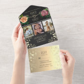 Boho Floral Foto Black Wedding All In One Einladung (Abreißen)