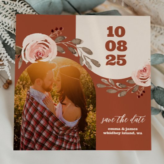 Boho Floral Foto Save the Date Karte Burnt Orange