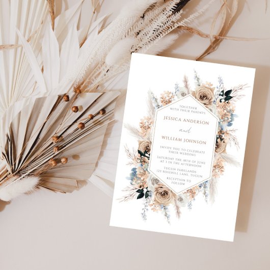 Boho Floral Frame Dusty Blue Wedding Einladung