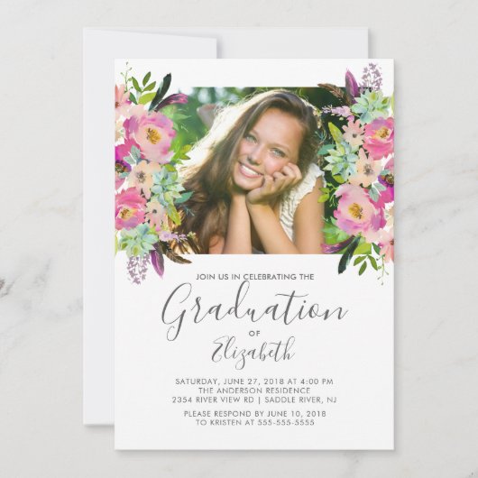 Boho Floral Frame Foto Abschluss Einladung (Vorderseite)