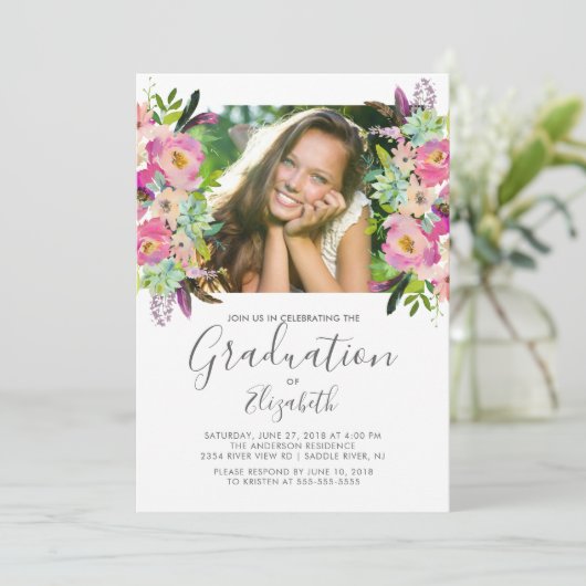 Boho Floral Frame Foto Abschluss Einladung (Stehend Vorderseite)