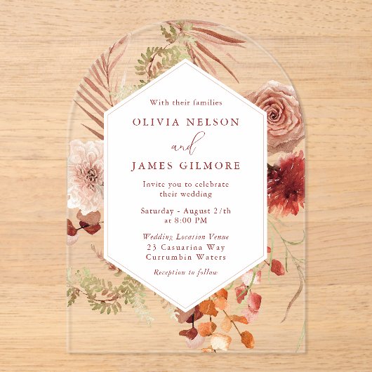 Boho Floral Frame Modern Wedding Acryleinladungen (Vorderseite)