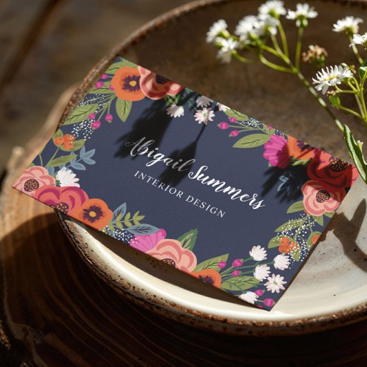 Boho Floral Frame - Navy Blue & Coral Visitenkarte
