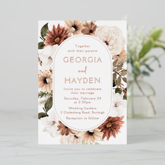 Boho Floral Frame Wedding Real Folieneinladung (Stehend vorne)