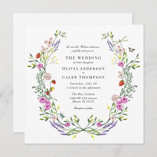 Boho Floral Garden Wedding Einladung (Vorne/Hinten)