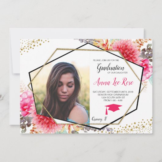 Boho Floral Geometric Gold Abschluss Einladung (Vorderseite)
