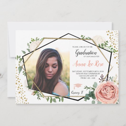 Boho Floral Geometric Gold Abschluss Einladung (Vorderseite)