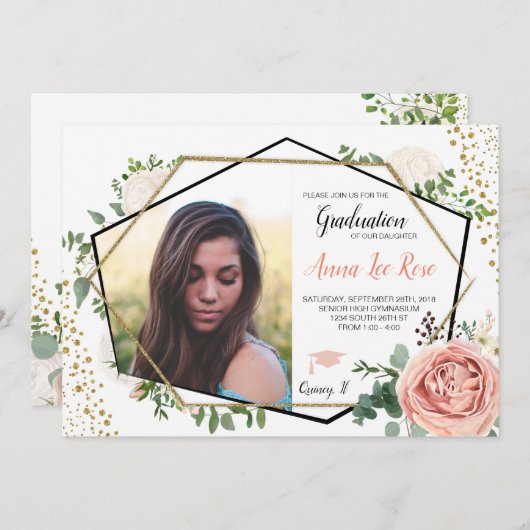 Boho Floral Geometric Gold Abschluss Einladung (Vorne/Hinten)