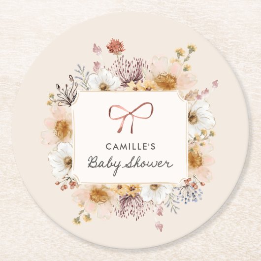Boho Floral Girl Baby Shower Runder Pappuntersetzer (Vorderseite)