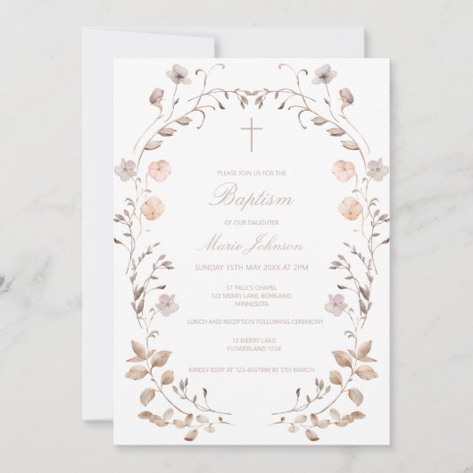Boho floral girl Baptism invitation template Einladung (Vorderseite)