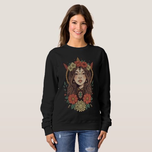 Boho Floral Girl Black Sweatshirt (Vorne ganz)
