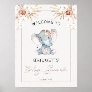 Boho Floral Girls Elephant Baby Dusche Willkommen Poster