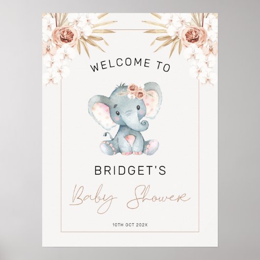 Boho Floral Girls Elephant Baby Dusche Willkommen Poster (Vorne)