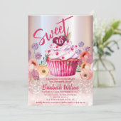 Boho floral Girly cupcake Rose Goldglitterie Einladung (Stehend Vorderseite)