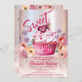 Boho floral Girly cupcake Rose Goldglitterie Einladung (Vorne/Hinten)