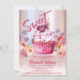 Boho floral Girly cupcake Rose Goldglitterie Einladung