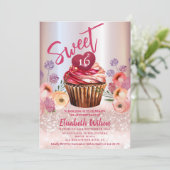 Boho floral Girly cupcake Rose Goldglitterie Einladung (Stehend Vorderseite)