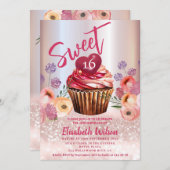 Boho floral Girly cupcake Rose Goldglitterie Einladung (Vorne/Hinten)