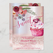 Boho floral Girly cupcake Rose Goldglitterie Einladung (Vorne/Hinten)