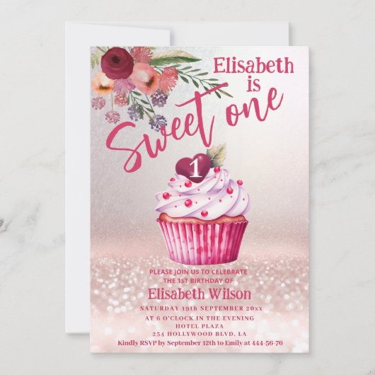 Boho floral Girly cupcake Rose Goldglitterie Einladung (Vorderseite)