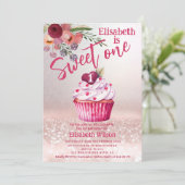 Boho floral Girly cupcake Rose Goldglitterie Einladung (Stehend Vorderseite)