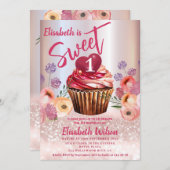 Boho floral Girly cupcake Rose Goldglitterie Einladung (Vorne/Hinten)