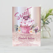 Boho floral Girly cupcake Rose Goldglitterie Einladung (Stehend Vorderseite)