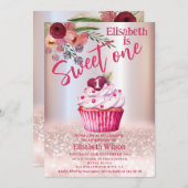 Boho floral Girly cupcake Rose Goldglitterie Einladung (Vorne/Hinten)