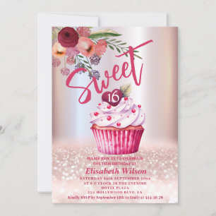 Boho floral Girly cupcake Rose Goldglitterie Einladung