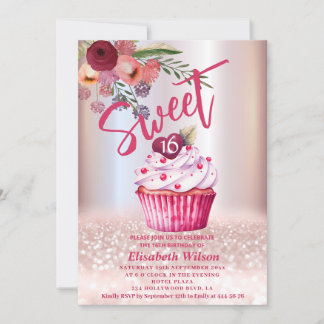 Boho floral Girly cupcake Rose Goldglitterie Einladung