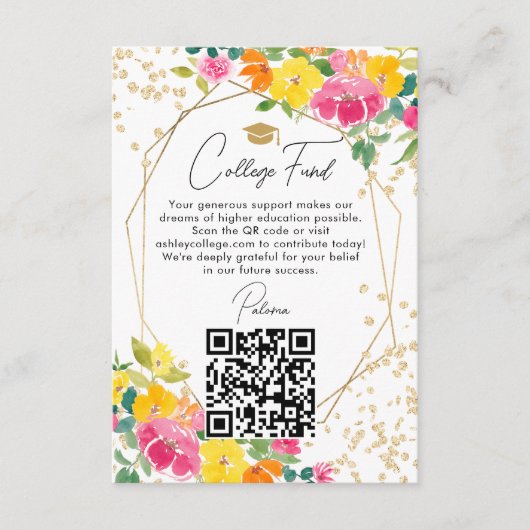 Boho Floral Gold Abschluss QR Uni Fund Begleitkarte (Vorderseite)