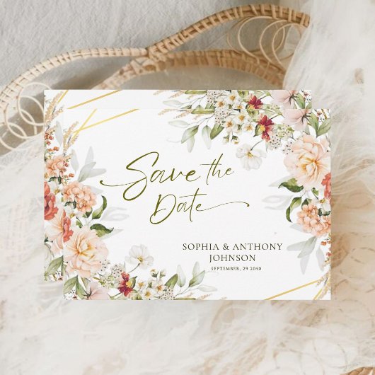 Boho Floral Gold Geometric Foliage Wedding Qr Code Save The Date