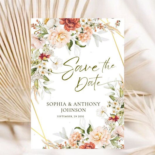 Boho Floral Gold Geometric Foliage Wedding Save The Date