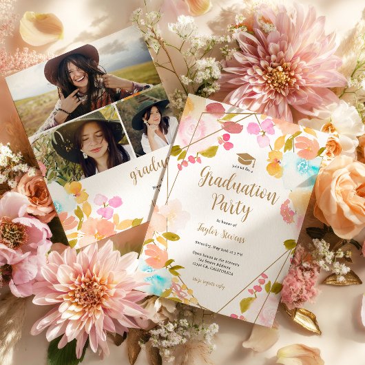 Boho Floral Gold Geometric Modern Photo Graduation Einladung