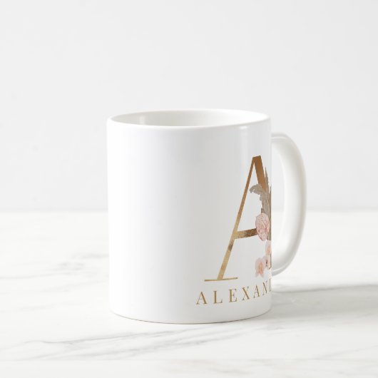Boho Floral Gold Letter A Monogram Coffee Tasse (VorderseiteRechts)