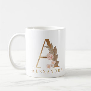 Boho Floral Gold Letter A Monogram Coffee Tasse