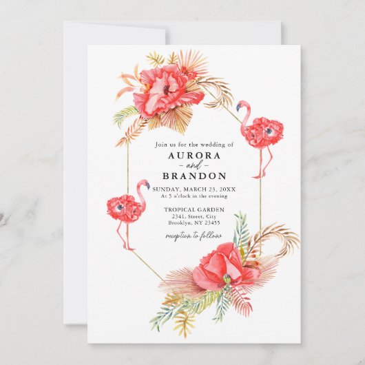 Boho Floral Gold Rahmen Flamingo Wedding Einladung (Vorderseite)
