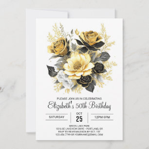 Boho Floral Gold und Black 50. Geburtstag Einladung