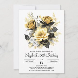 Boho Floral Gold und Black 50. Geburtstag Einladung