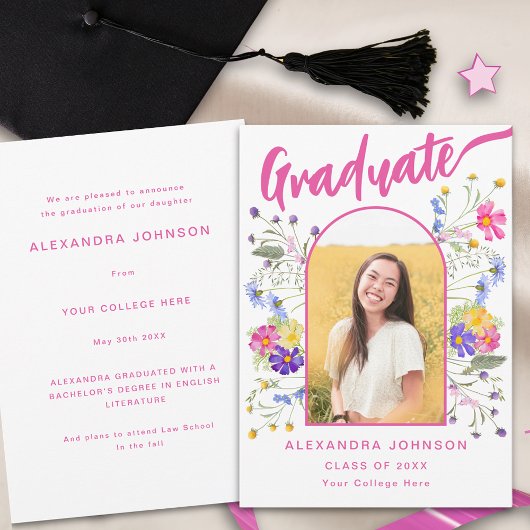 Boho Floral Graduate Foto Arch Pink Script Ankündigung