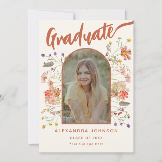 Boho Floral Graduate Foto Burnt Orange Script Ankündigung (Vorderseite)