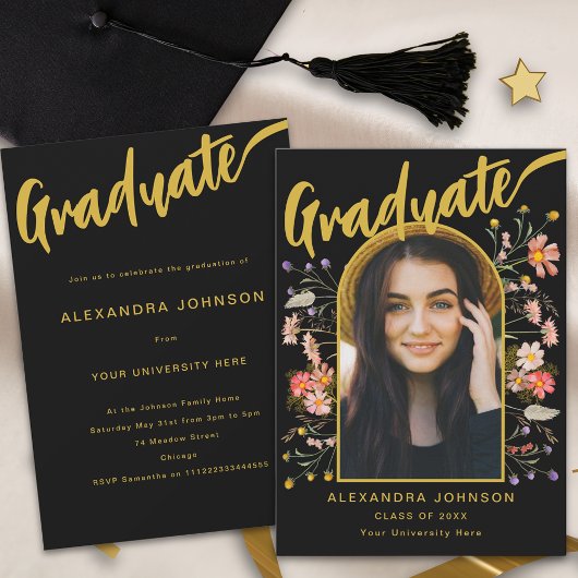 Boho Floral Graduate Foto Script Graduation Party Einladung